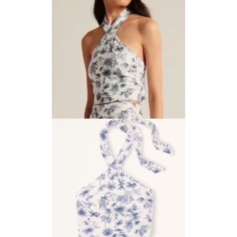 Abercrombie & Fitch Linen Blend Halter Crop Top Blue White Toile Tropical S‎